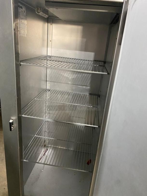 Traulsen G-Series commercial stainless steel single door reach-in refrigerator, used, Energy Star certified, on casters.