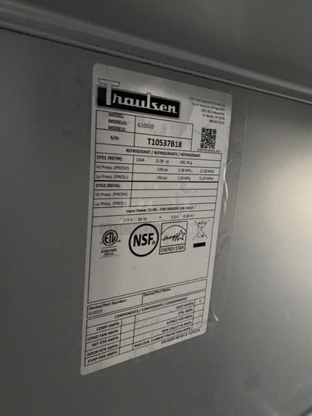 Traulsen G-Series commercial stainless steel single-door refrigerator, model G10010, used, Energy Star certified, on casters.