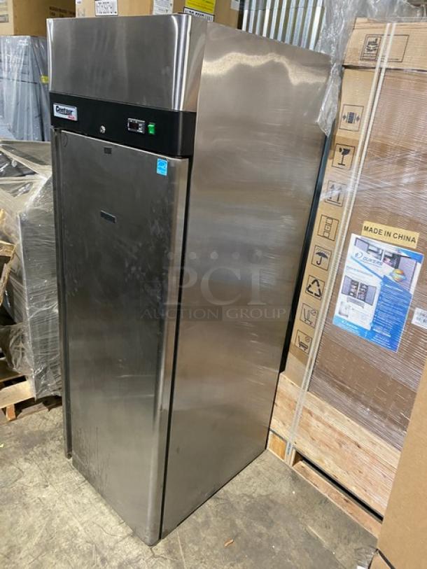 Centaur Plus Series single door stainless steel refrigerator, model CSD-1DR-TSI-ES, used, with poly coated wire rack.