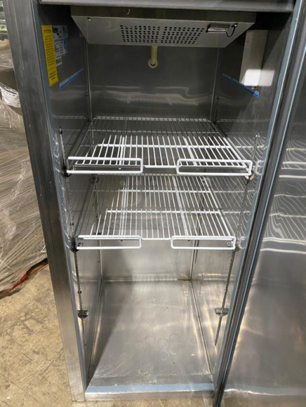 Centaur Plus Series stainless steel single door refrigerator, model CSD-1DR-TSI-ES. Used condition with poly coated racks.