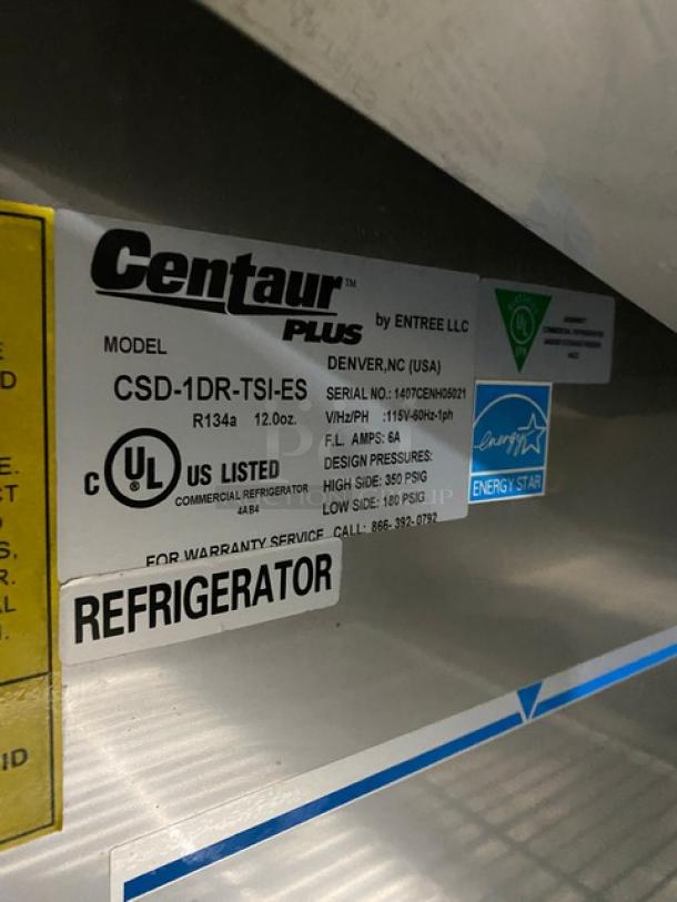Centaur Plus Series single door stainless steel refrigerator, model CSD-1DR-TSI-ES. Energy Star certified, 115V, includes poly coated wired rack. UL listed, commercial use. Serial 1407CENH06021.