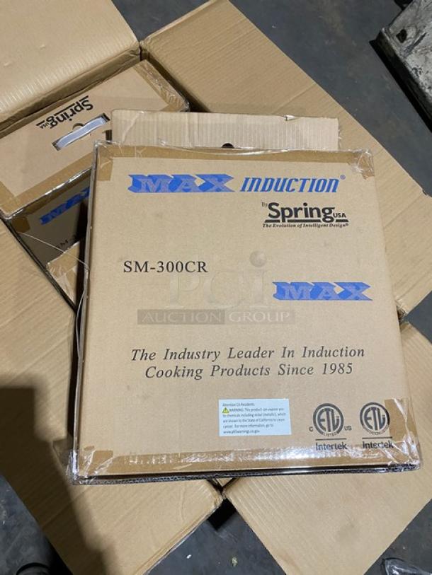 Brand new Spring USA SM-300CR MAX Induction Warmer, black, 120V, in original packaging, features certification labels.