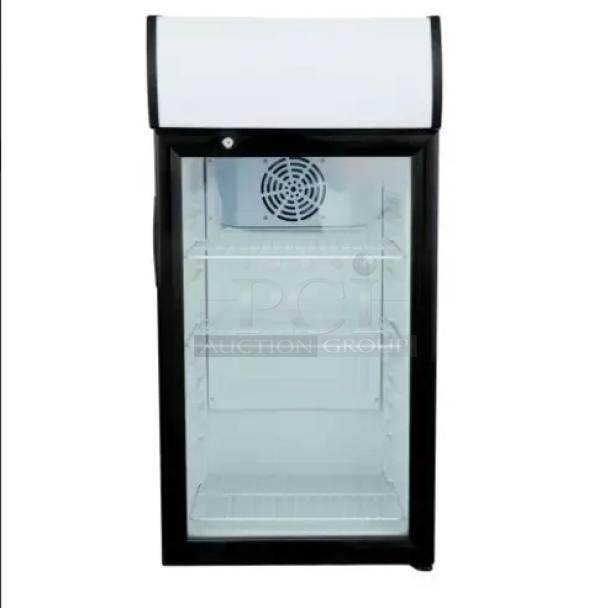 Brand new ProCool T80L single glass door countertop merchandiser refrigerator. Black frame, three shelves, optimal display.