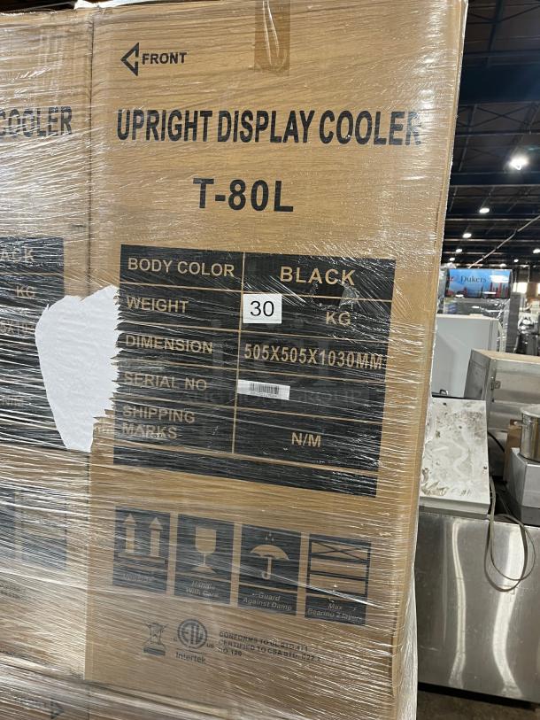 Brand new ProCool T80L black single glass door countertop merchandiser display refrigerator in packaging, dimensions 505x505x1030mm.