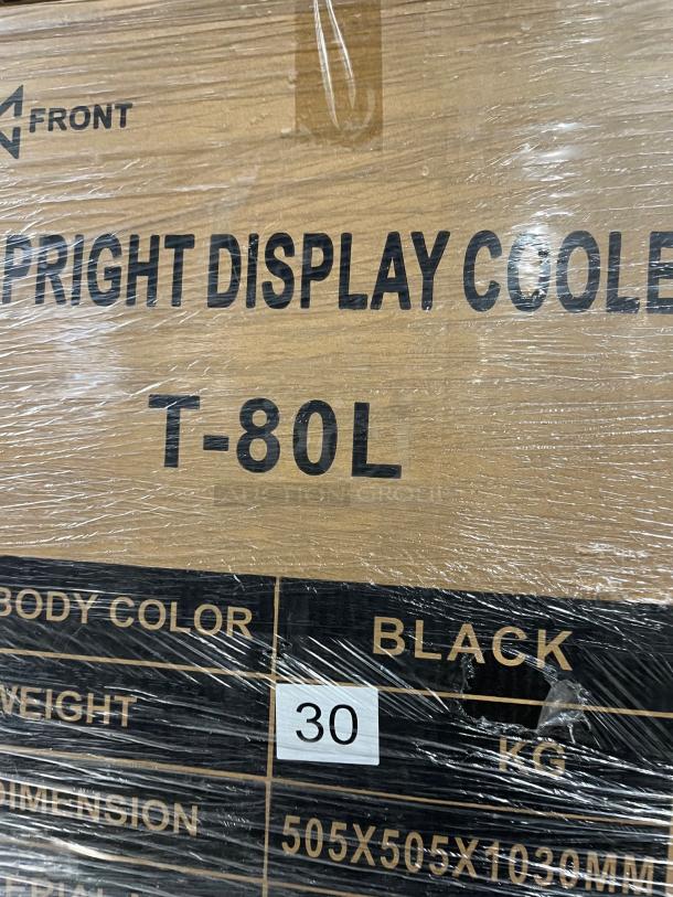ProCool T80L black glass door countertop merchandiser refrigerator, brand new in packaging, model and size details visible.
