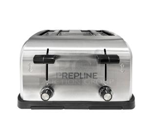 Prepline CT120 4-slice stainless steel toaster, electric-powered, brand new, with control knobs and branding.