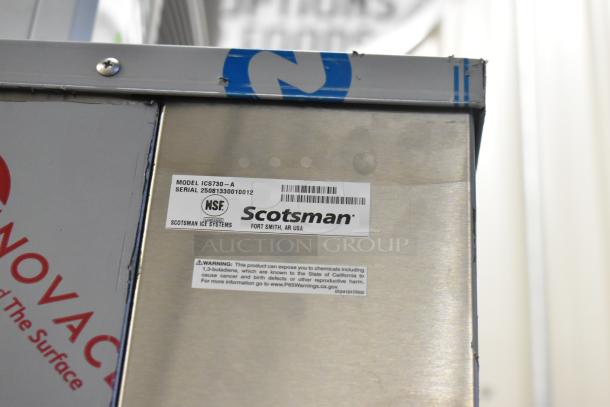 BRAND NEW 2024 Scotsman FS1222A-32B ice machine on 2025 ICS730-A bin; features stainless steel, NSF label visible.