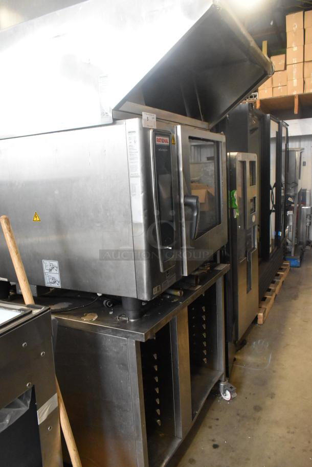 2019 Rational SCC WE 62 Combi Oven with UltraVent Plus Hood on double pan rack stand, stainless steel, 480V, 3-phase.