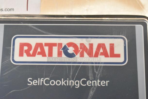 Rational SelfCookingCenter label, showing the brand logo on stainless steel surface.