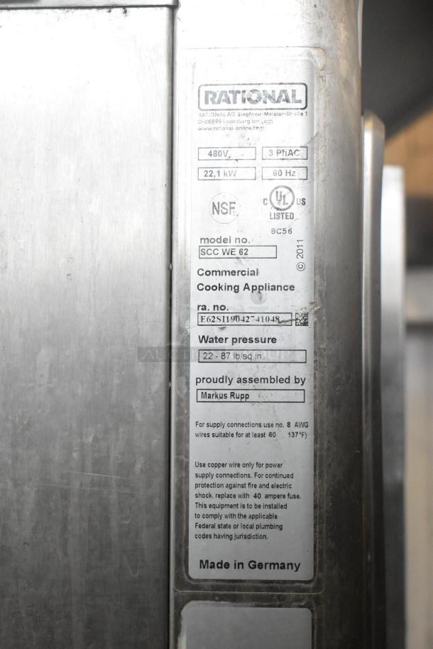 Rational SCC WE 62 commercial oven label detailing 480V, 3 Phase, 22.1 kW. Assembled by Markus Rupp, made in Germany.