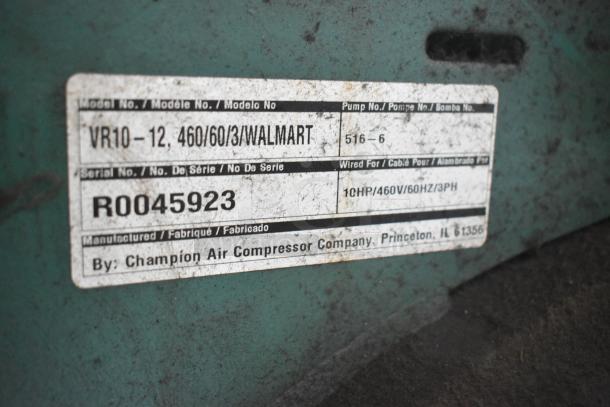 Champion VR10-12 metal air compressor label. Model: VR10-12, 460V, 3-phase. Serial: R0045923. By Champion Air Compressor Co.