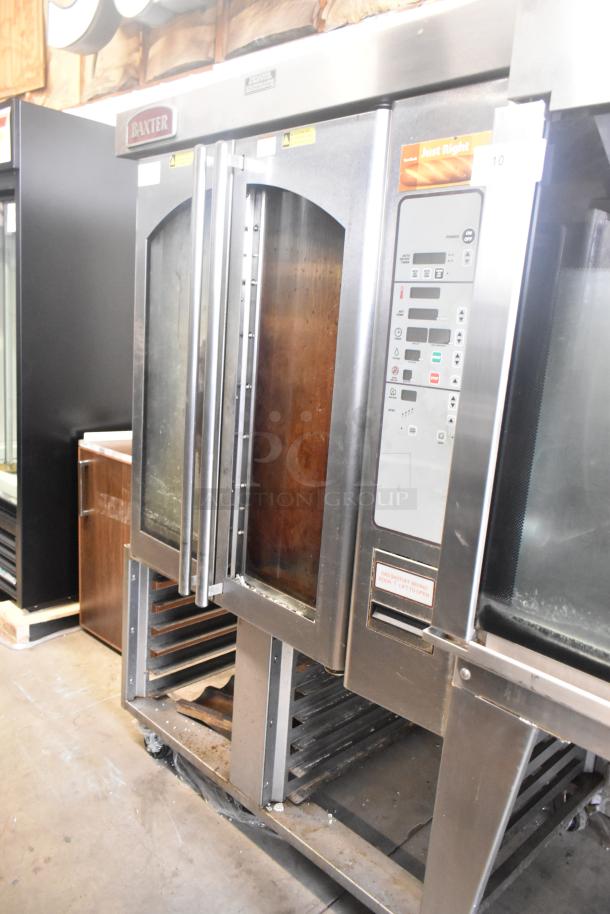 Baxter OV310G stainless steel commercial rack oven, natural gas, on double pan rack with casters; right side door inoperative.