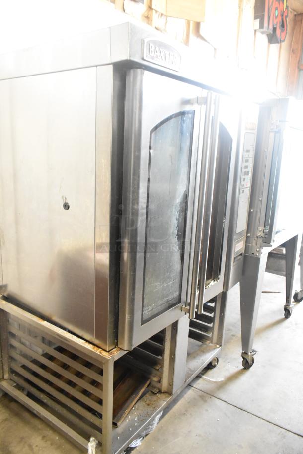 Baxter OV310G stainless steel commercial gas mini rotating rack oven with double pan rack and casters; right door inoperable.