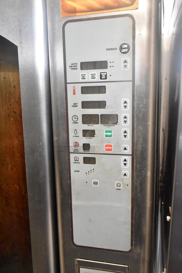 Baxter OV310G stainless steel commercial gas-powered mini rotating rack oven, control panel detail, right door faulty.