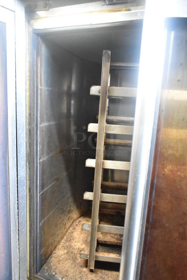 Baxter OV310G stainless steel commercial rack oven, natural gas-powered, mini rotating rack, double pan rack, right door issue.