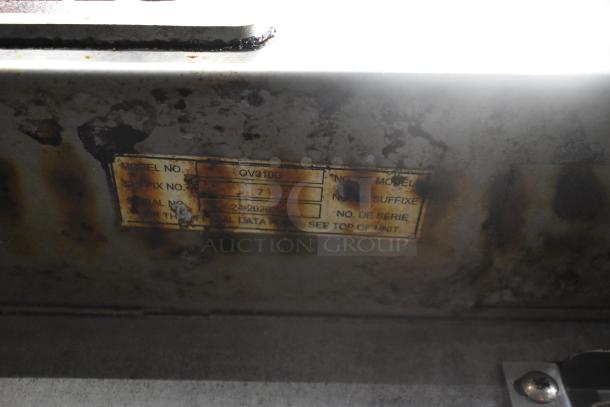 Baxter OV310G stainless steel commercial gas oven, right door not opening. Visible model tag with serial no. 24-2020366.