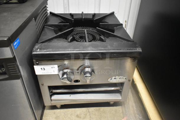 Atosa stainless steel commercial countertop gas-powered single burner stock pot range with control knobs, in used condition.