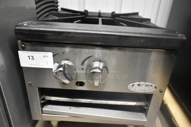 Atosa Stainless Steel Commercial Gas Single Burner Stock Pot Range, features front control dials, good condition.