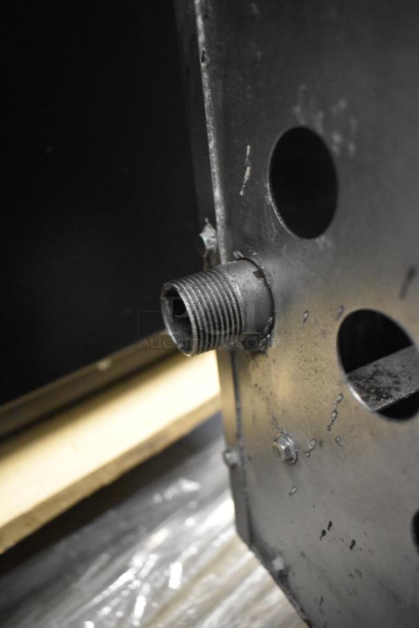 Atosa Stainless Steel Gas Burner Stock Pot Range connector detail, showing metal threaded pipe and mounting bolts in good condition.