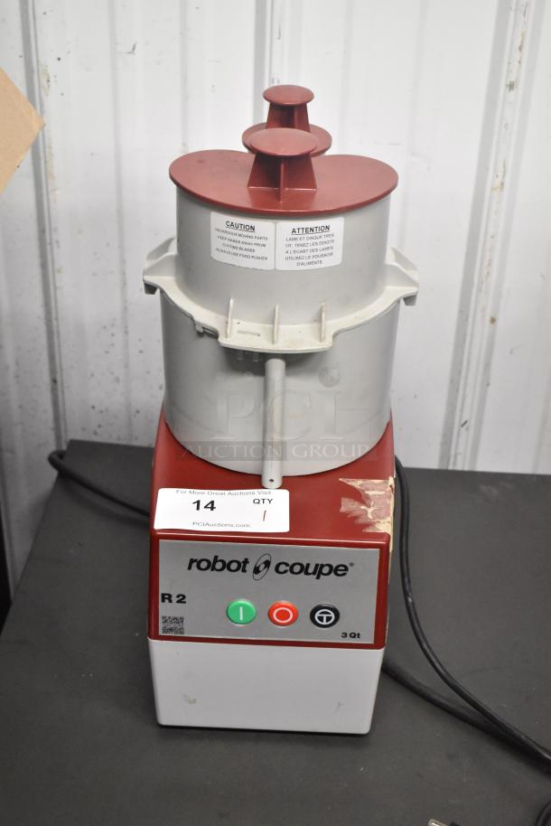 Robot Coupe R2U Metal Food Processor, 120V, 1 Phase, with continuous feed head, caution label visible.