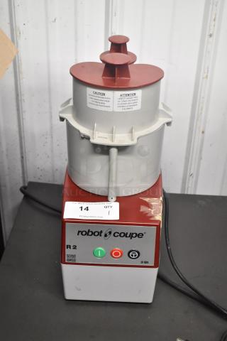 Robot Coupe R2U Metal Food Processor, 120V, 1 Phase, with continuous feed head, caution label visible.