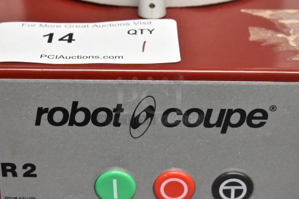 Robot Coupe R2U commercial food processor, metal construction, 120V, continuous feed head, model labeled.