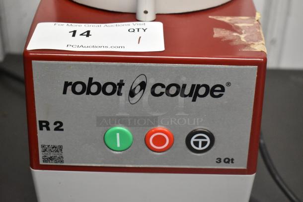 Robot Coupe R2U commercial food processor with continuous feed head, metal body, 120V, 1 phase, used condition.
