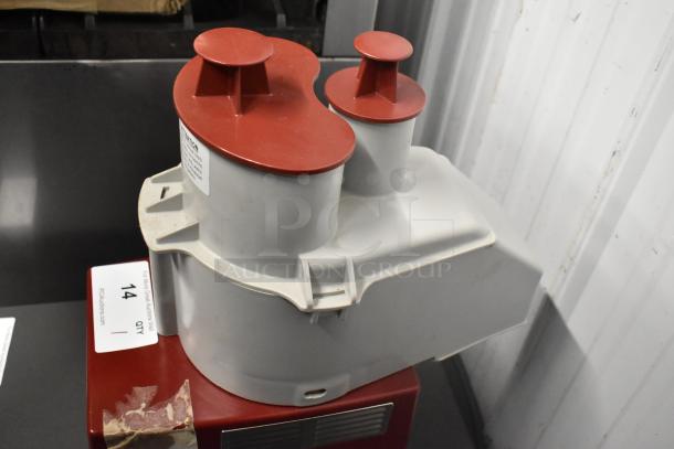 Robot Coupe R2U metal commercial food processor with continuous feed head. Good condition, 120V, 1 phase, countertop model.