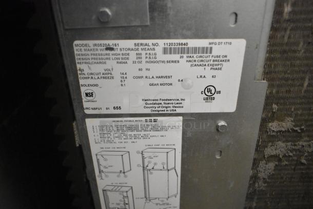 2017 Manitowoc IR0520A-161 stainless steel commercial ice machine head, 115V, 1 phase, serial no. 1120339840, made in USA.