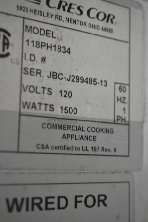 CresCor 118PH1834 Heated Holding Cabinet, metal, commercial casters, 120V, 1 phase, model info and CSA label visible.