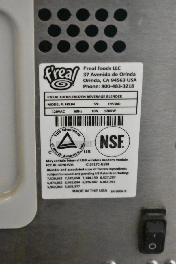 F'real FRLB4 Metal Countertop Milkshake Mixer, 120V, 1 Phase. Features NSF and TUV Rheinland certifications, serial 19538D.