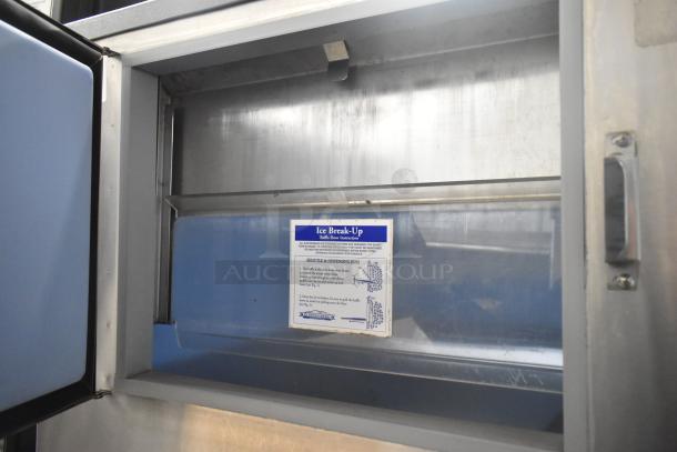 Kloppenberg ICS-1 stainless steel commercial ice bin, featuring "Ice Break-Up" instructions, in good condition.
