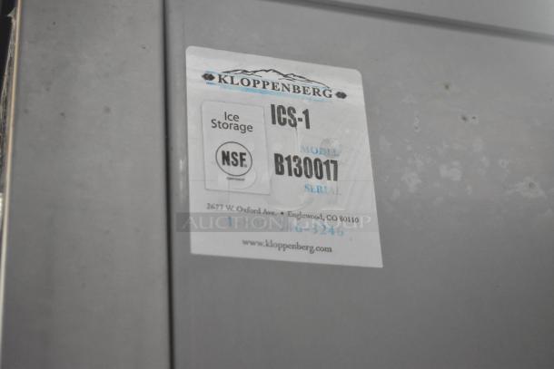 Kloppenberg ICS-1 stainless steel commercial ice bin, model B130017, NSF certified. Features visible label with make and model.