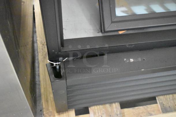 2025 True FLM-81F Metal Commercial 3 Door Freezer Merchandiser with poly-coated racks, 115V, 1-phase, on pallet.