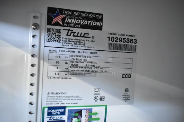 2021 True TSCI-600R-G-PH cooler label, showing model, 115V, 1 phase specifications, serial number 10295363, and refrigerant info.