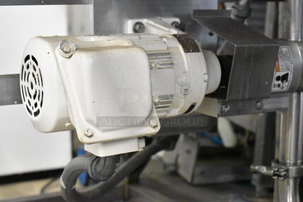 Belshaw Adamatic TG-50 stainless steel thermoglazing station, commercial casters, 208V, 1 phase, motor detail shown.