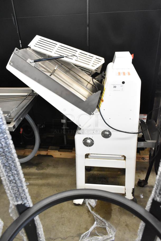 Oliver 797-32NC metal commercial bread slicer, floor style, white, showing blade and controls; 115 volts, 1 phase.