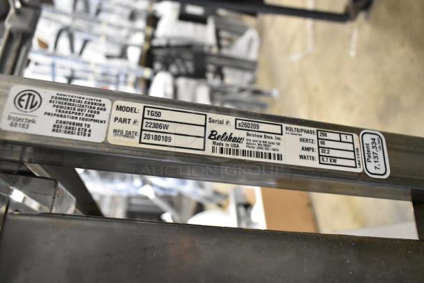 2018 Belshaw Adamatic TG50 Thermoglazing Station, stainless steel, 208V, 1 phase. Features commercial casters, serial s260209.
