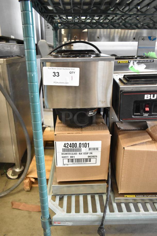 BRAND NEW SCRATCH AND DENT 2022 Bunn VPR stainless steel coffee machine, 2 burners, 120V, 1 phase, with label "33 QTY 1".