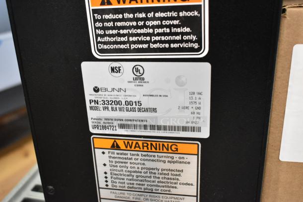 2022 Bunn VPR stainless steel 2-burner coffee machine label. 120V, 1 phase, NSF and UL listed. New scratch and dent.