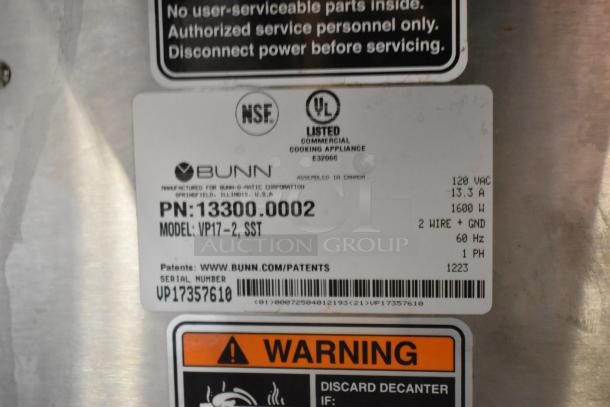 Alt text: "2022 Bunn VP17-2 Stainless Steel Commercial Coffee Machine label. Shows NSF, UL listings, model, and specs."