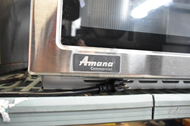 Brand new Amana RCS10TS stainless steel commercial microwave, 2021 model, with push button controls, 120V, minor scratches.