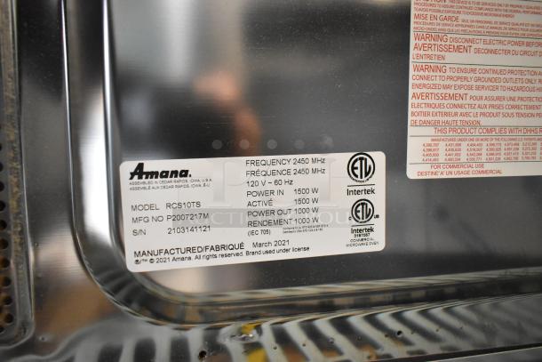 2021 Amana RCS10TS stainless steel commercial microwave label showing model, power specs, and ETL certification.