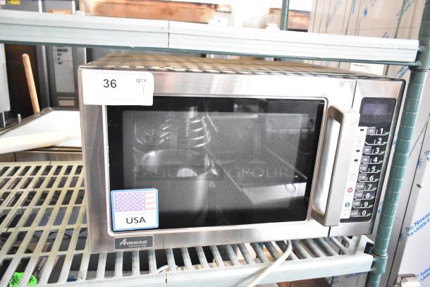Amana RCS10TS stainless steel commercial microwave, 2022 model, scratch and dent, push button controls, 120V, stackable.