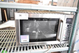 Amana RCS10TS stainless steel commercial microwave, 2022 model, scratch and dent, push button controls, 120V, stackable.