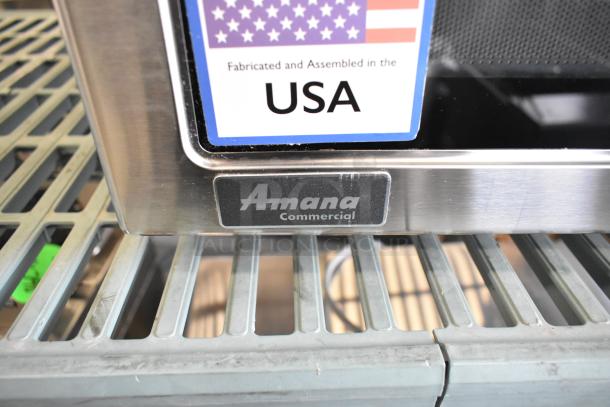 Amana RCS10TS stainless steel commercial microwave, brand new with scratches, push-button controls, 120V, USA made.