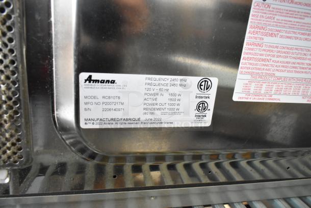 Amana RCS10TS stainless steel commercial microwave, 2022 model, 120V, scratch and dent, push button controls, ETL listed.