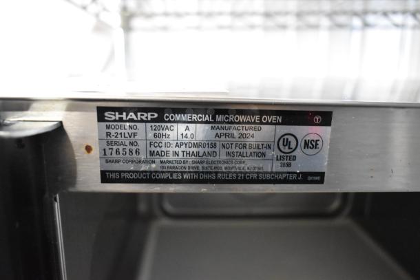 Sharp R-21LVF stainless steel commercial countertop microwave, 2024 model, 120V, UL listed, with scratch and dent.