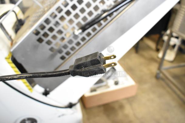 Oliver 797-32NC metal bread loaf slicer plug detail, showing 115V, 1 phase compatibility. Commercial floor style.