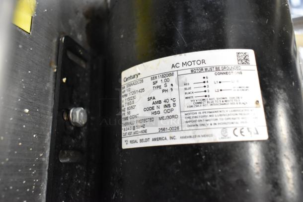 "Metal Fryer Oil Caddy with Century AC Motor label, showing specs: 115/230 Volts, 1 Phase, on commercial casters."